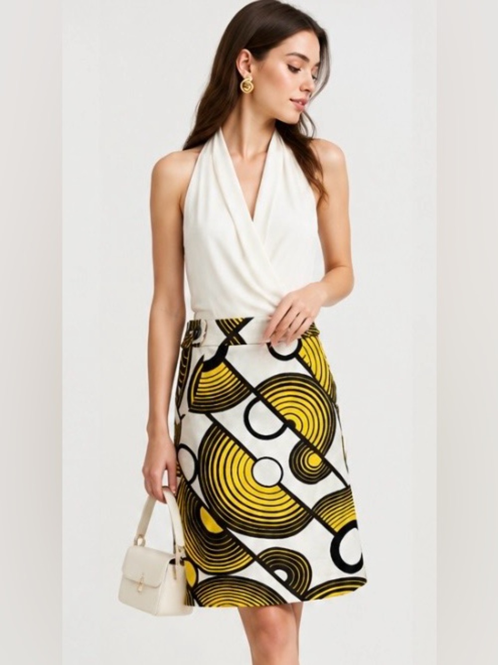 ETCETERA Pencil Skirt Button Yellow Brown Pockets Career Fun Geometric